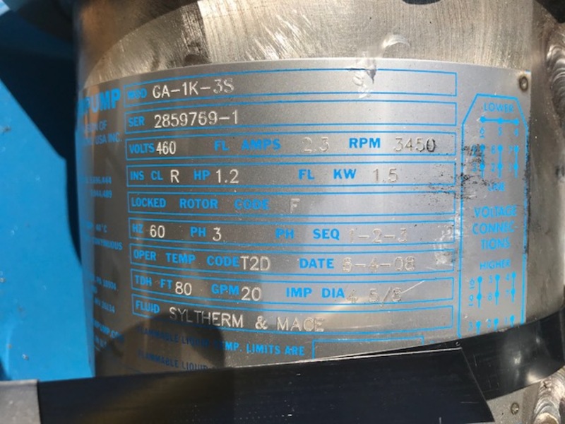 20 GPM @ 80' TDH, Crane Chempump #GA-1K-3S, Sealless Canned Motor Stainless Steel Pump, 1" x 3/4" x 4 5/8" - Image 4