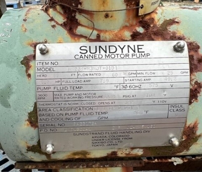 60 GPM @ 80' TDH, Sundyne #HN23B-R3NJT, Canned Pump, 6.2 HP, 7.9 full load amp - Image 4