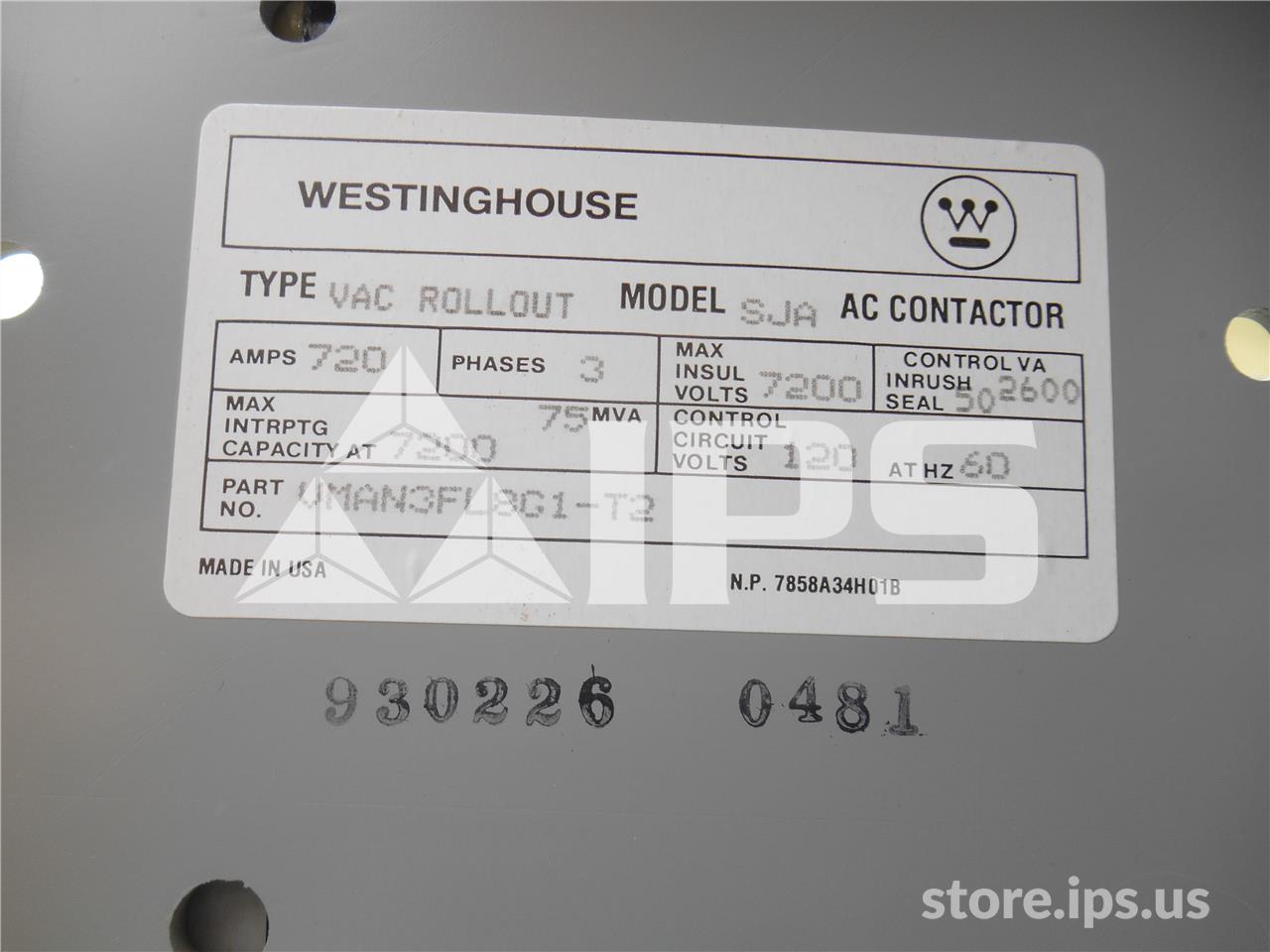 720 Amps WH Sja Vacuum Contactor 75mv Amps 5 KV 120 Volts AC Control, 4160:240/120 Cpt - Image 4