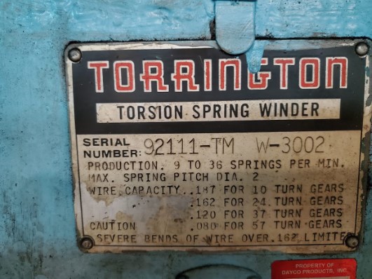 No. W3002 Torrington, Torsion Coiler, .187" wire, 10 turns, 38.5" line H, 2.187" camshaft diameter, 36 SPM - Image 5