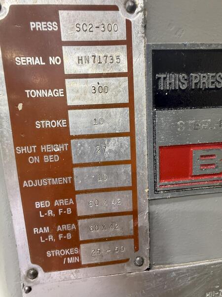 300 Ton, Bliss #SC2-300-60-48, straight side double crank press, 10" stroke, 27" Shut Height, 60" x40", 50 - Image 9