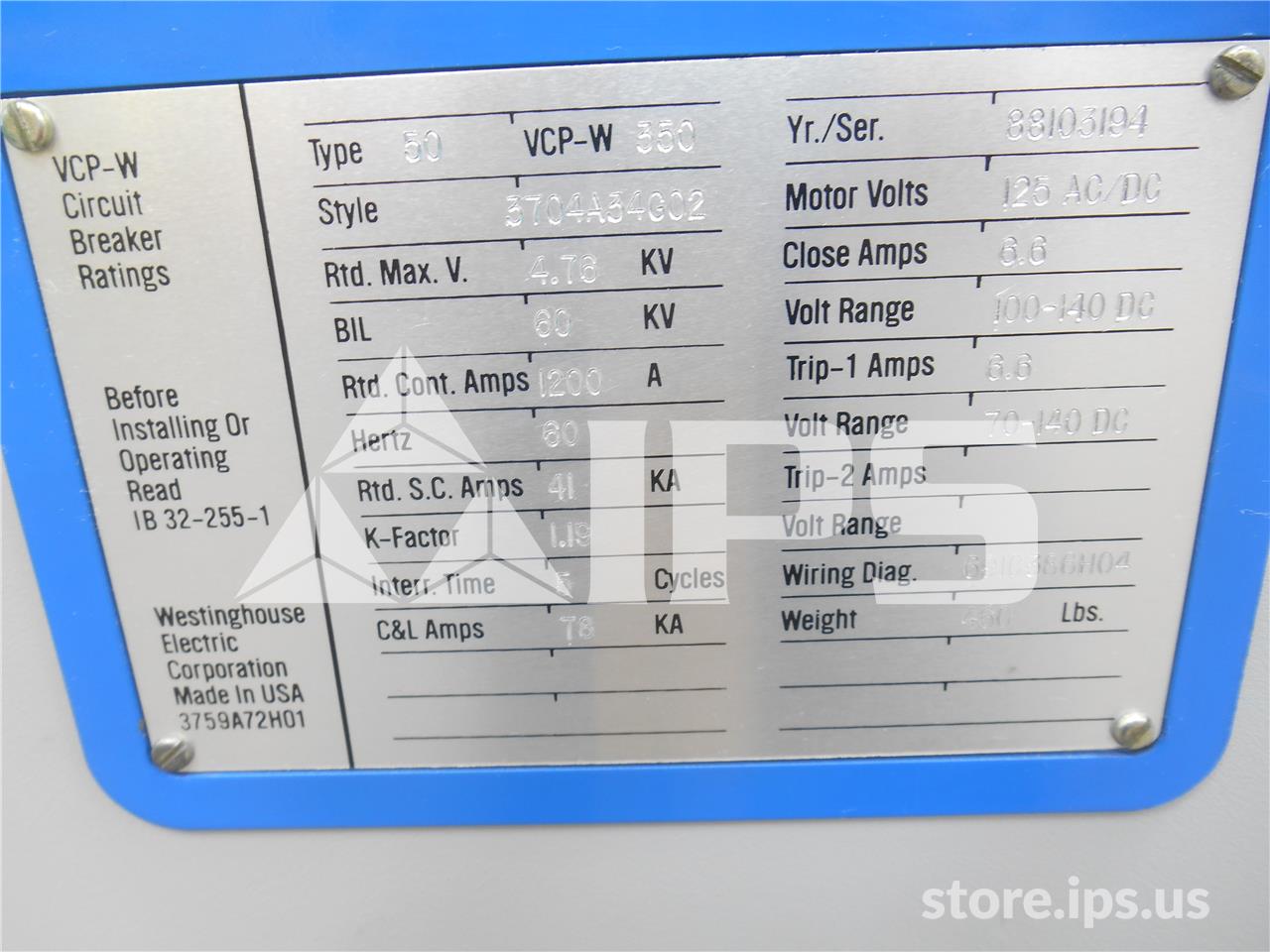 1200 Amps WH 50vcp-w 350 Eo/do Parts Unit, 4.76kv, 125 Volts DC - Image 2