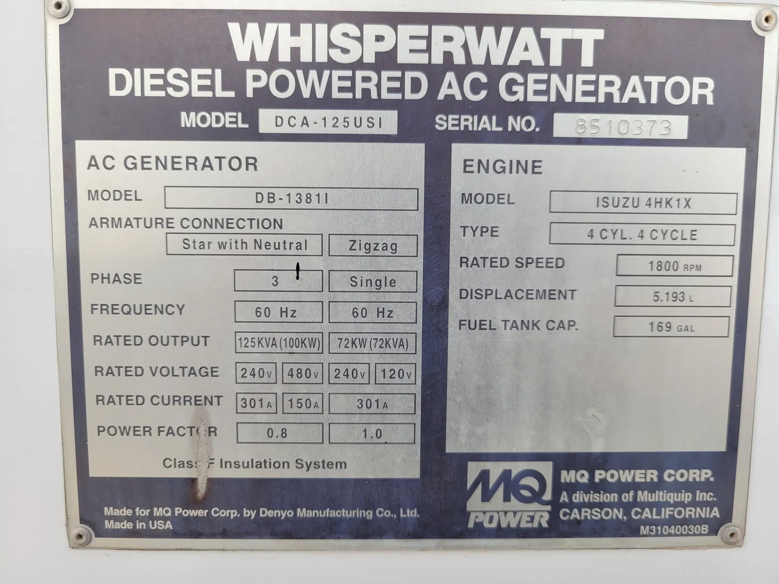 100 KW Multiquip #DCA125USI, diesel, enclosure mounted on trailer, 2011, #89206 - Image 7