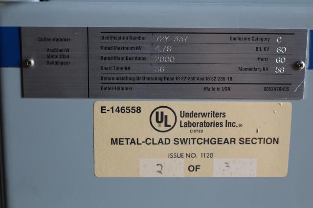 Cutler-Hammer 5KV metal clad switchgear, (3) 2-high sections, (3) VCP-250 1200 Amp vac circuit breakers - Image 4