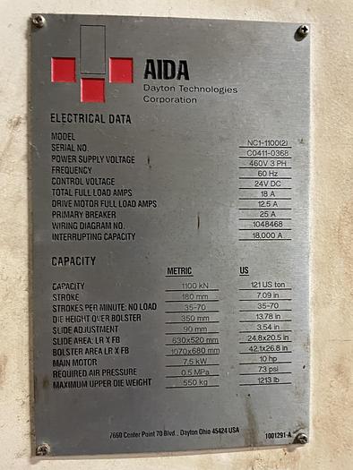 121 Ton, Aida #NC1-1100(2), single pt. gap frame press, 7.09" stroke, 35-70 SPM - Image 6