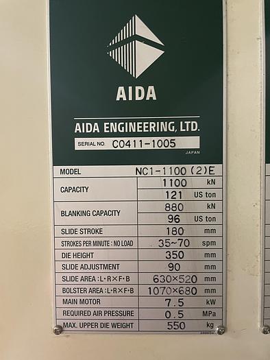 121 Ton, Aida #NC1-1100(2), single pt. gap frame press, 7.09" stroke, 35-70 SPM - Image 10