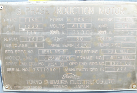 1250 HP 1780 RPM Toshiba, Frame 450-1000, Nema, 1.15 service factor, 2400/4160 Volts - Image 7