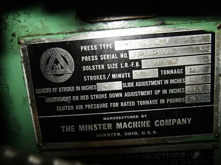 100 Ton, Minster #S1-100, SSSC press, 7" stroke, 18.5" Shut Height, 21" x 24" bed, 80 SPM, air clutch, 1965 - Image 3