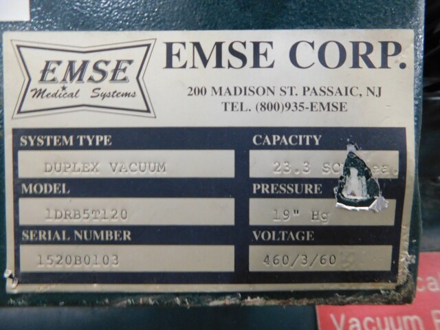 23 scfm Emse #1DRB5T120, medical duplex vacuum pump compressor, 10 HP, 460 V. - Image 5