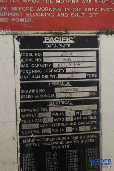 90 Ton, Pacific #J90-10, hydraulic press brake, 10' overall, 102-1/2" between housing, 7" stroke, #64998 - Image 2