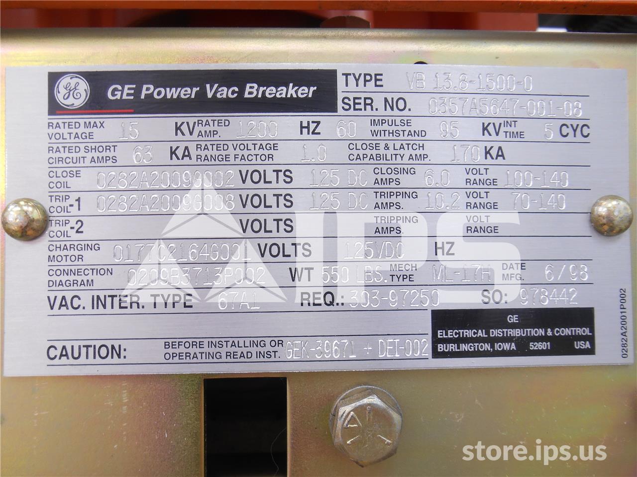 1200 Amps GE Vb 13.8-1500-0 Ml-17h (vb 13.8-1500) 125 Volts DC Control, 28k Amps Sc, Bottle# 41a2 - Image 2