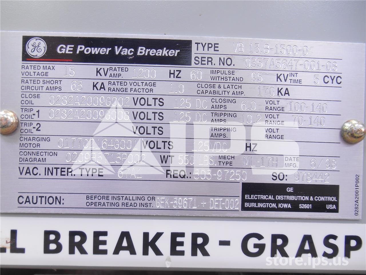 1200 Amps GE Vb 13.8-1500-0 Ml-17h (vb 13.8-1500) 125 Volts DC Control, 28k Amps Sc, Bottle# 41a2 - Image 3