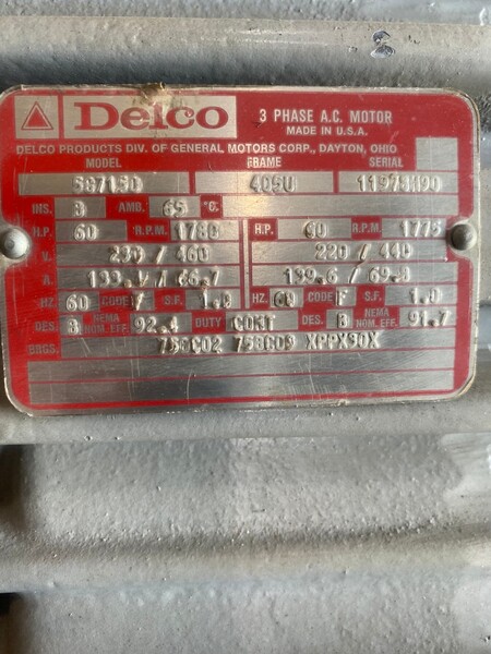 60 HP 1770 RPM Delco, Frame 405U, TEFC, 230/460 Volts - Image 4