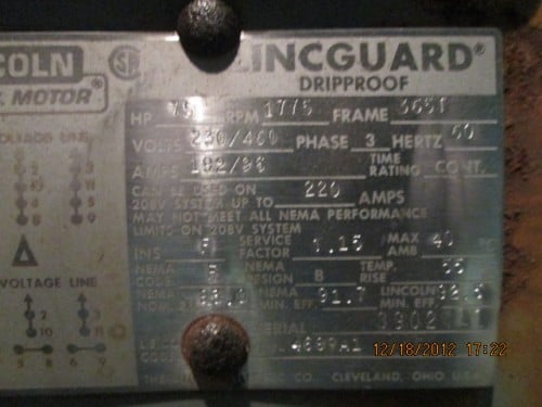 75 HP 1775 RPM Lincoln, Frame 365T, 192/96 amps, 230/460 Volts - Image 3