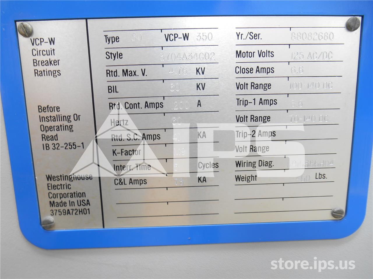1200 Amps WH 50vcp-w 350 Eo/do Parts Unit, 4.76kv, 125 Volts DC - Image 3