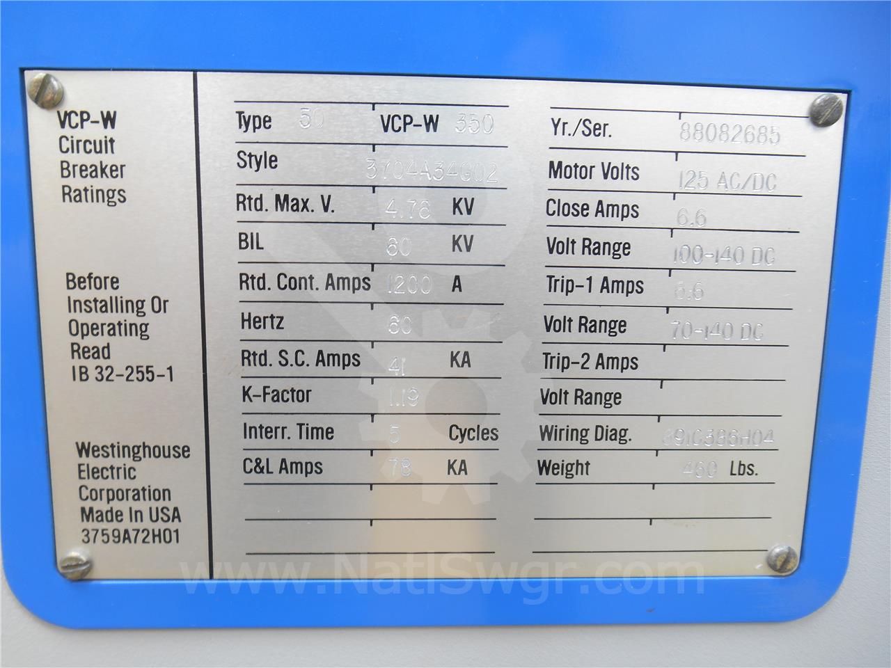 1200 Amps WH 50vcp-w 350 Eo/do Parts Unit, 4.76kv, 125 Volts DC - Image 3