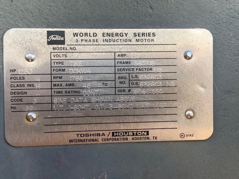 1250 HP 1800 RPM Toshiba, Fr. 5812US, weather prot. enclos. type 2, B/B, 1.15 serv. factor, new surp, 4160V. - Image 2