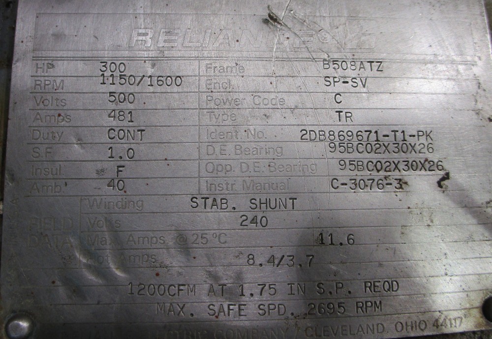300 HP 1200/1600 RPM Reliance, Frame 508ATZ, SP-SV, electrically OK, 500 VA, 240 VF - Image 2