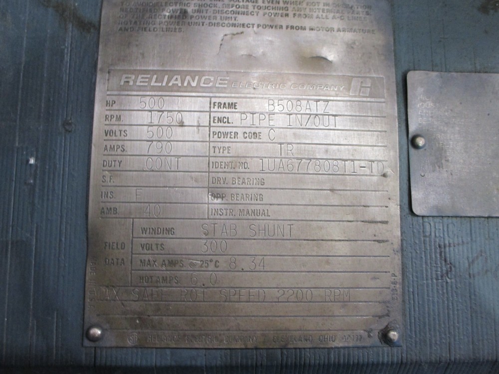 500 HP 1800 RPM Reliance, Frame 508ATZ, DPFG-FV, electrically OK, 500VA, 300VF - Image 2