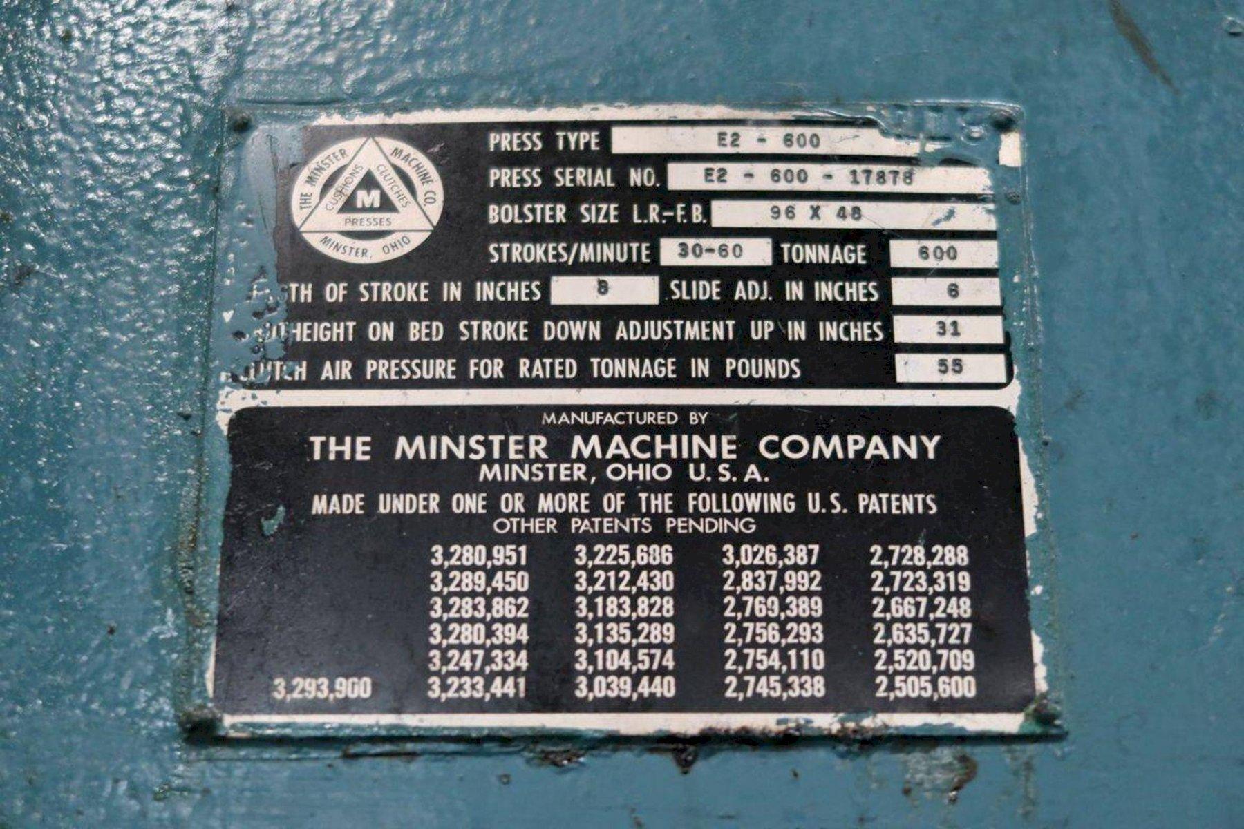 600 Ton, Minster #E2-600, straight side double crank press, 12" stroke, 31" Shut Height, 30-60 SPM, air - Image 10