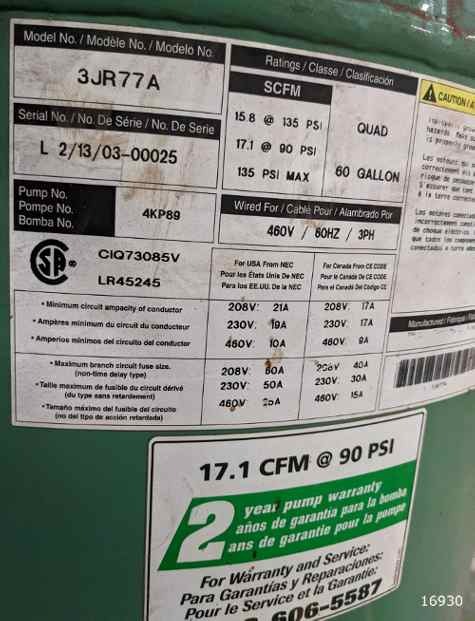 Speedaire #3JR77A, air compressor, 17 cfm @ 90 psi, 15.8 scfm @ 90 psi, 60 gallon, 460 V. - Image 2