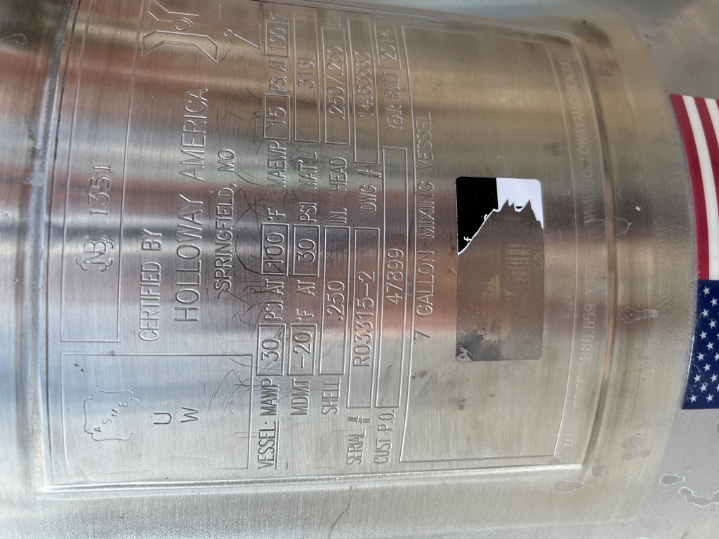 7 gallon Holloway American, 316L Stainless Steel tank, 30 psi, 12" dia x 26" straight side, 1" center bottom - Image 8