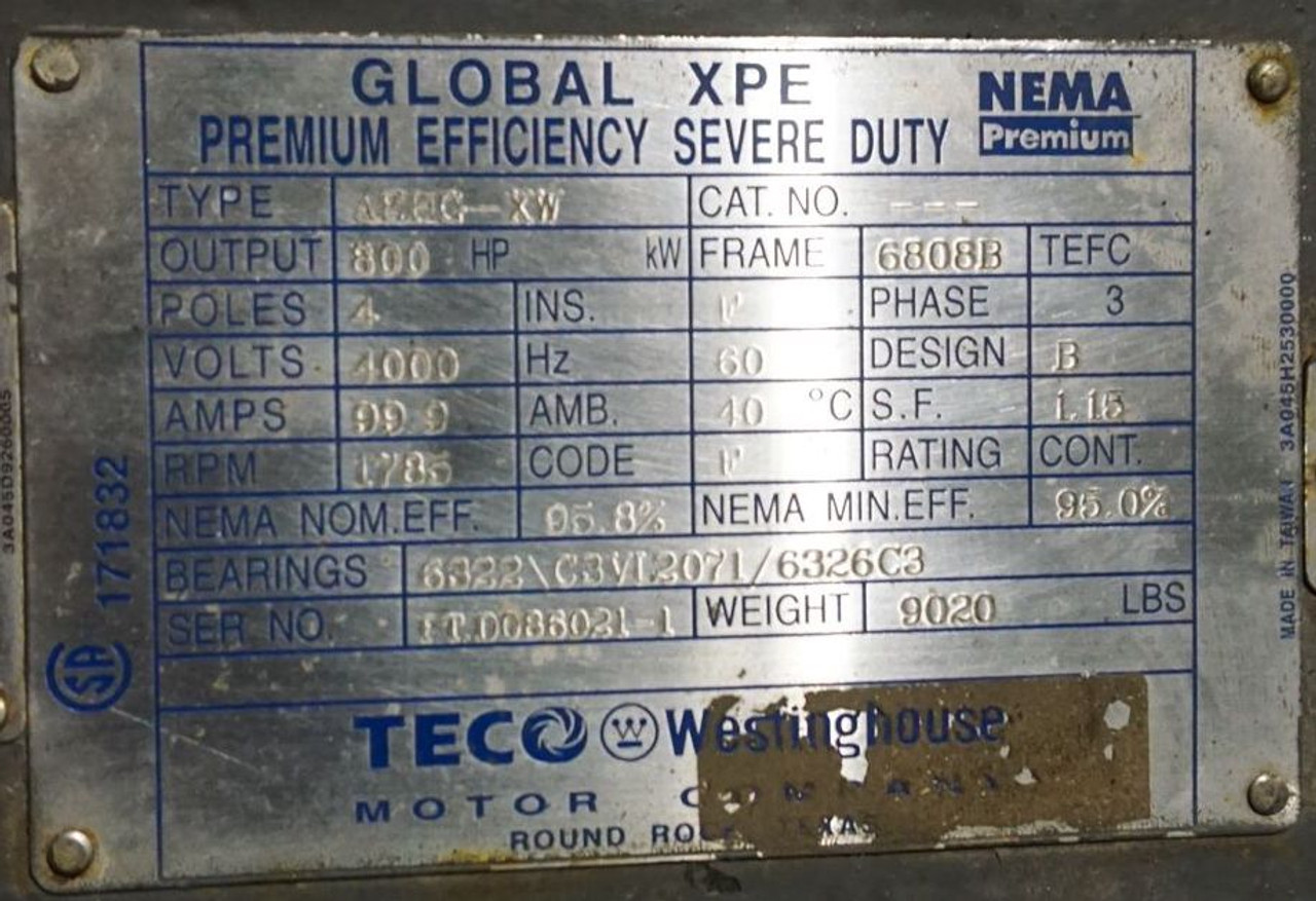 800 HP 1785 RPM Teco Westinghouse, Frame 6808B, TEFC, 1.15SF, 4000 Volts - Image 6