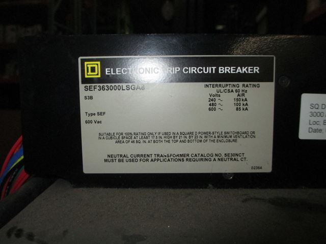 3000 Amps, Square D, SEF363000LSGA8, Electronic Trip Circuit Breaker, 600 VAC, manually operated, F/M, LSIG - Image 2