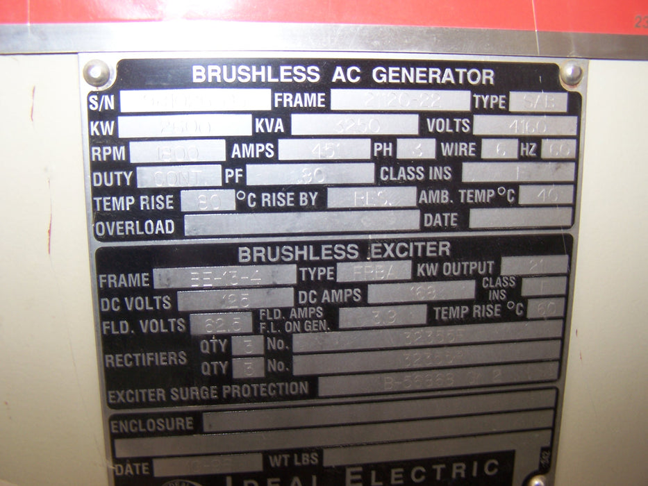 2600 KW, 1800 RPM, Ideal, 3250 kva, 4160 Volts, 3ph, New Surplus - Image 1