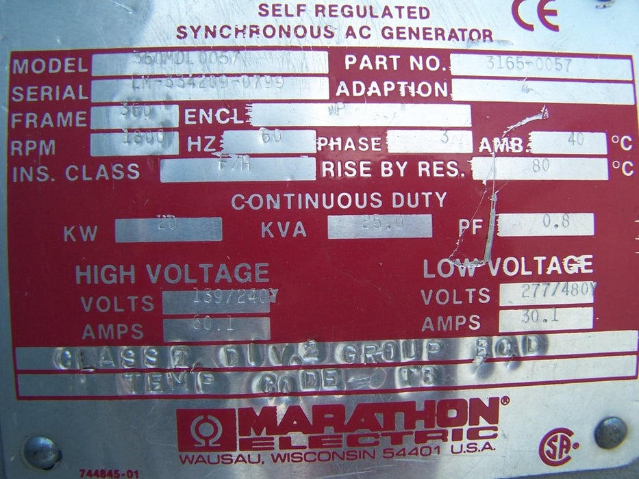 20 KW, 1800 RPM, Marathon Lima Mac, 60hz, 3 phase, 277/480 Volts - Image 3