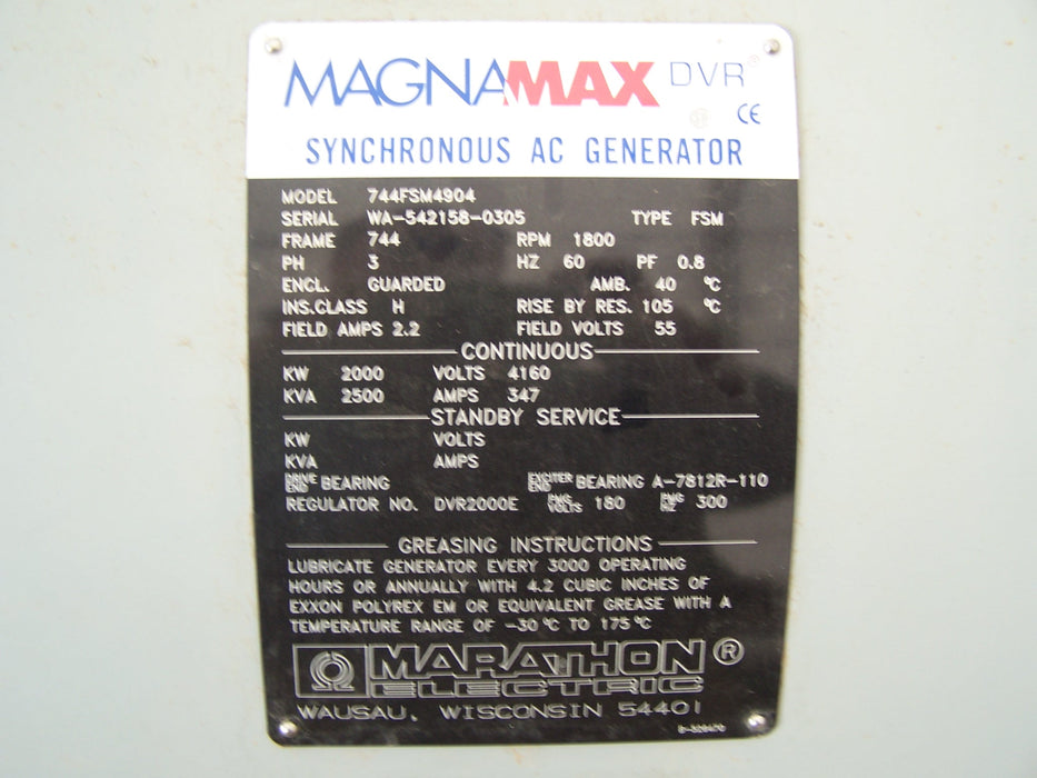 2000 KW, 1800 RPM, Marathon, Magna Max #744FSM4904, 2500 KVA, 4160 Volts - Image 2