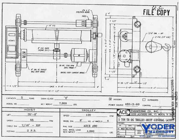 5 Ton, Ace #A75, trolley hoist, 8' 6" spread, 35' lift, 7/16" XIP hoist cable, 2 PD reeving, #17137 - Image 6