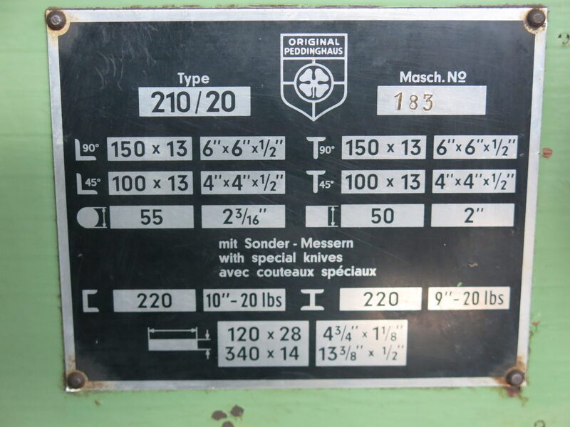 6" x 6" x 1/2" Peddinghaus #210/20, mechanical ironworker, 10"- 20 lb. C-channel, 9" 20 lb. I-Beam - Image 2