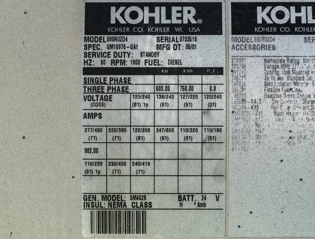 600 KW Kohler #600ROZD4, diesel generator, open, 277/480 Volts, 200 hours, 2001, #89573 - Image 6