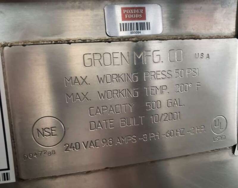 500 gallon Groen, Stainless Steel cooker/cooling kettles, sweep agitation & scraper blades, 50 psi @ 200°F - Image 5