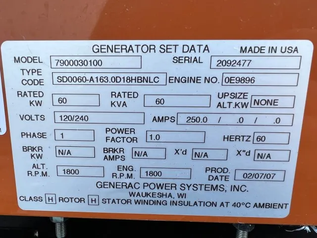 60 KW Generac #7900030100, diesel generator, open, 120/240 Volts, 859 hours, 2006, #89588 - Image 6