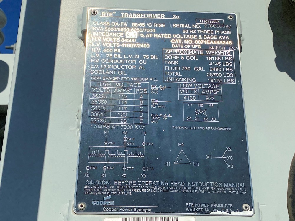 5000/5600/6250/7000 KVA 34500 Delta Primary, 4160/2400 Secondary, RTE, station transformer - Image 1