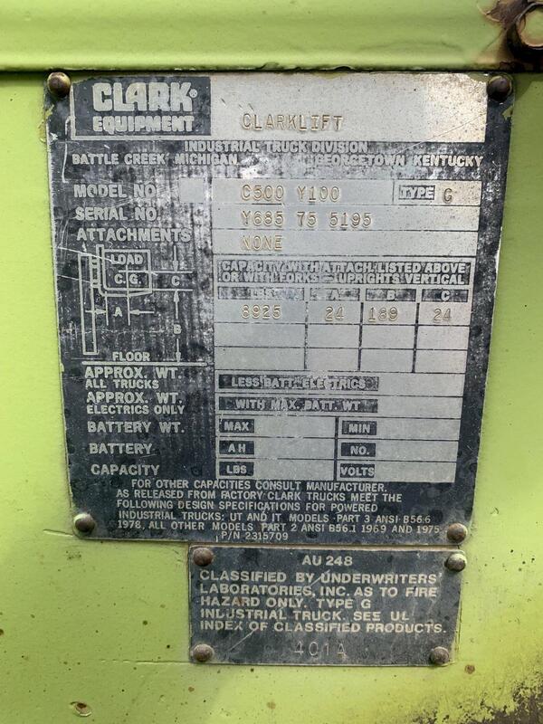 8925 lb. Clark #C500-Y100, forklift truck, 189" reach, 2-stage mast, 24" load center,S/N Y685-75-5195 - Image 8
