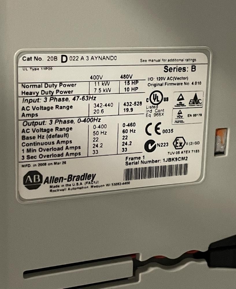 10/15 HP Allen-Bradley PowerFlex 700, 20BD022A3AYNAND0, 480 Volts, N12, unused surplus (2 available) - Image 1
