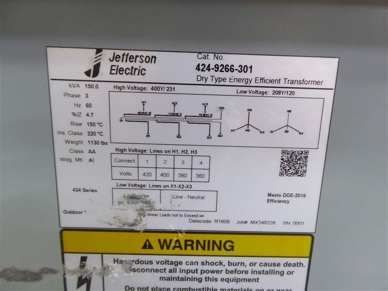 150 KVA 400Y/231 Primary, 208Y/120 Secondary, Jefferson, dry type, class AA - Image 4
