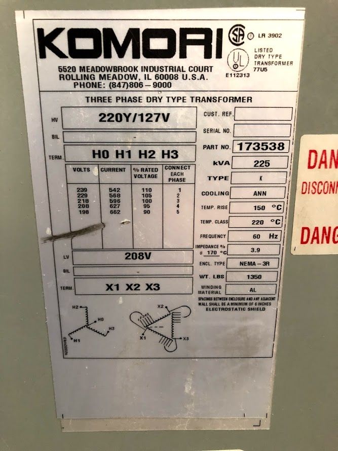 225 KVA 220Y/127 Primary, 208 Delta Secondary, Komori, dry type, 3R enclosure - Image 5