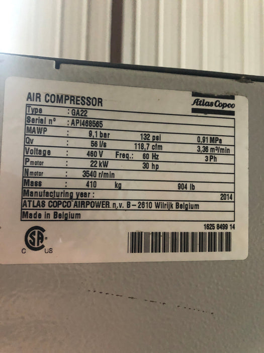 118 cfm, 132 psi, Atlas Copco #GA22, air compressor, 30 HP, s/n AP1468565,2014 - Image 2