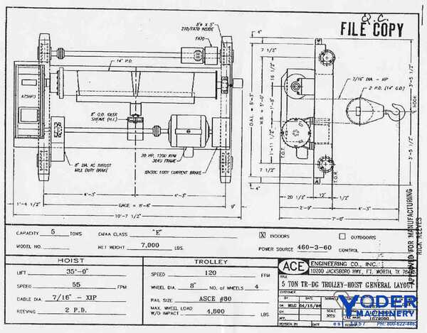 5 Ton, Ace #A75, trolley hoist, class E, 35' lift, 55 FPM hoist, 120 FPM trolley, #17136 - Image 6