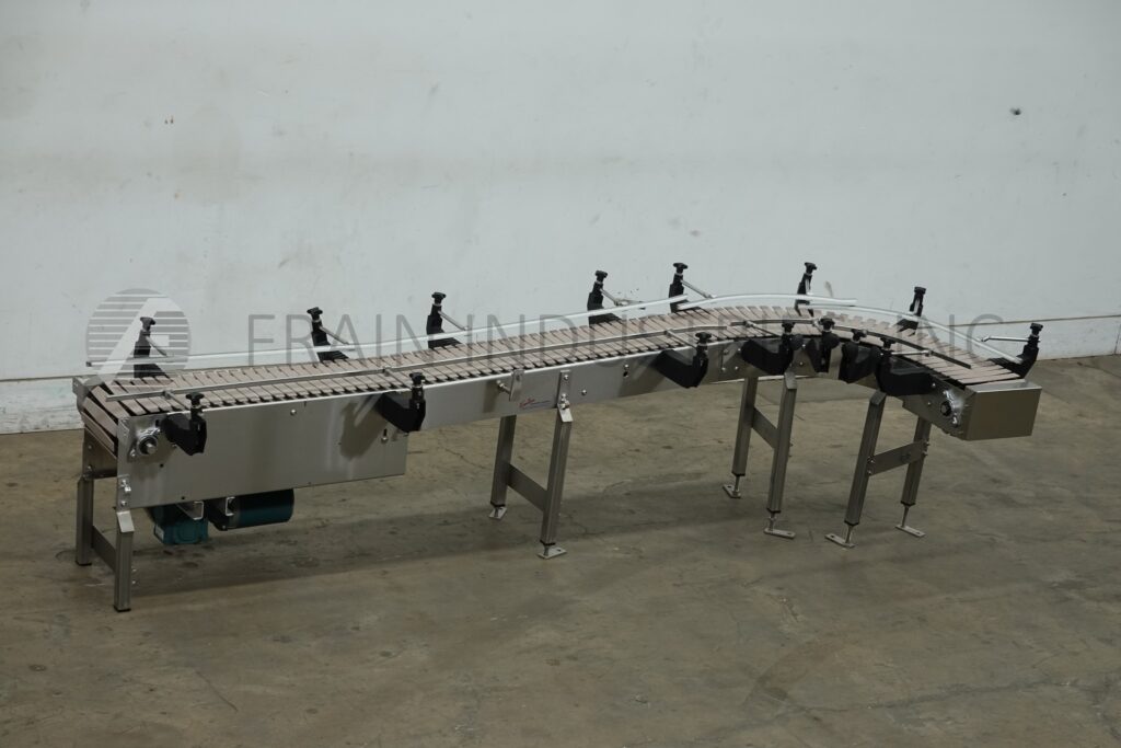 10" wide x 10.4' long, Keenline, Stainless Steel frame table top conveyor, 90° left hand turn, 1/2 HP drive - Image 1