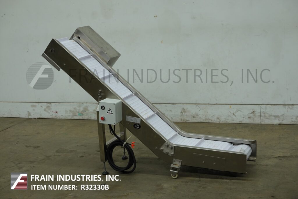 11-3/4" wide x 5.8' long, Ohlson, Stainless Steel inclined cleated feed conveyor, mounted on 4 leg Stainless - Image 1