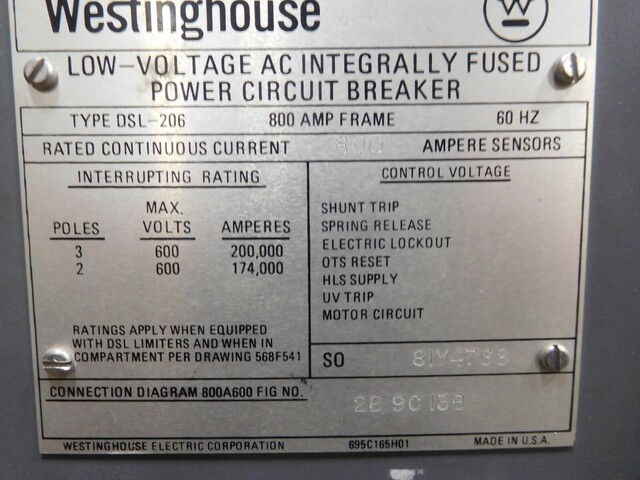 800 Amps, Westinghouse, DSL-206, circuit breaker, 60 Hz, 2-3 poles, 600 max volt - Image 7