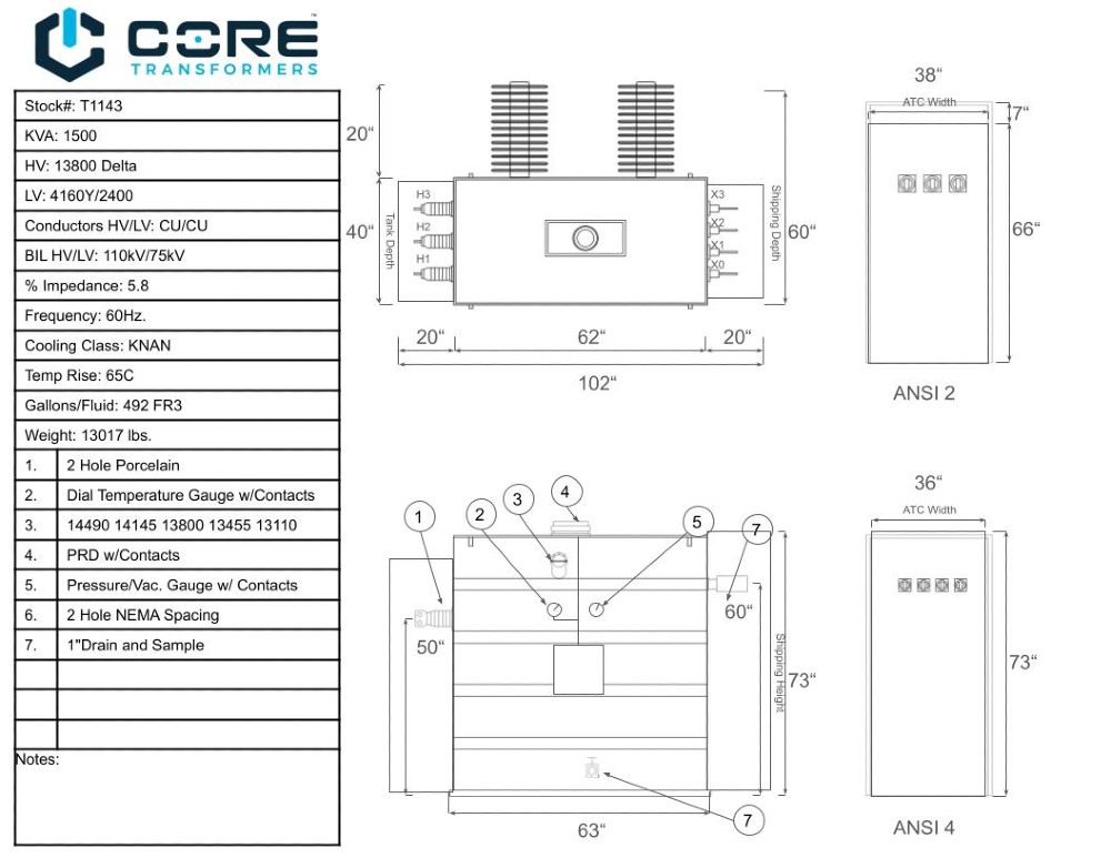 1500 KVA 13800 Delta Primary, 4160Y/2400 Secondary, SUB, Recon(shipment available in 10 days) - Image 1