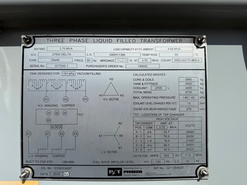 3750 KVA 27600 Delta Primary, 2400Y/1386 Secondary, 3 phase Station Style Transformer, HV top, LV side box - Image 1