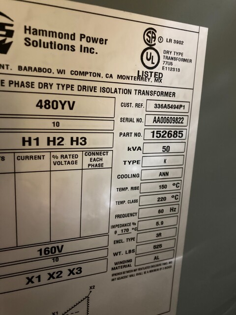 50 KVA 480 Primary, 160 Secondary, Hammond, dry type, 3R, new - Image 6