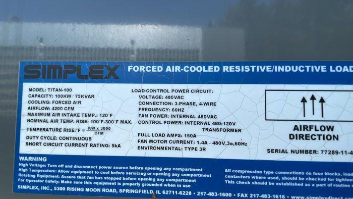 Simplex #TITAN-100, Forced Air-cooled Resistive/inductive Load Bank Cabinet - Image 10